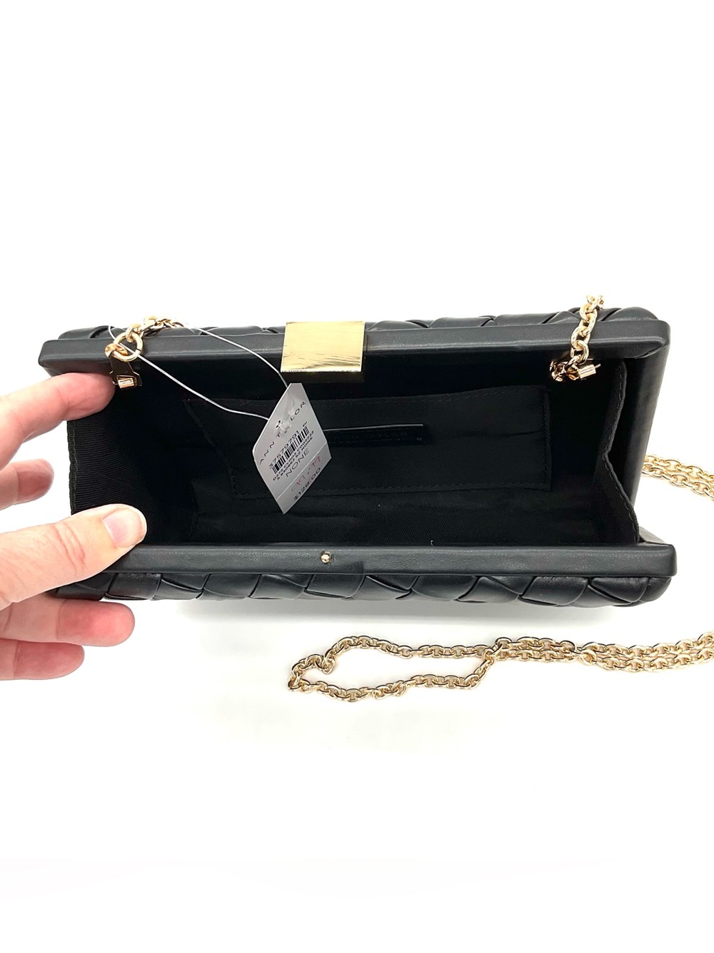 NWT Ann Taylor Black Woven Clutch with Gold Chain - Picture 3 of 5